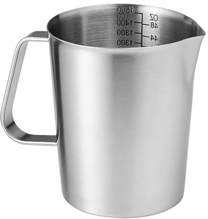 1500ml Messbecher Edelstahl, Milchkännchen mit Markierung und Griff, 304 Edelstahl Milchaufschäumbecher, Großem Fassungsvermögen Vielseitiger Messbecher für Küche Backen Kaffee Latte Cappuccino