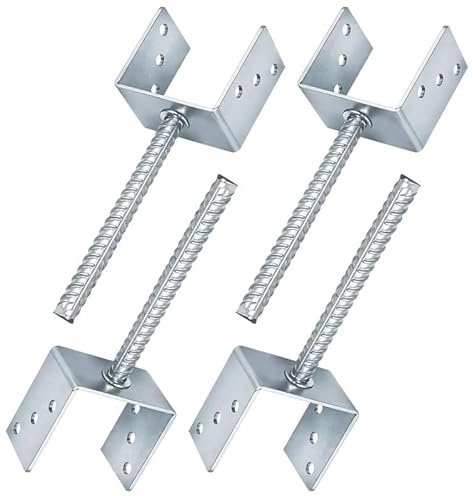 4 x Fence Posts Support, U-Type Pergola Bracket Extenders with Foot-Shaped Concrete Anchors. Heavy-Duty Galvanized Steel Spikes, 4mm Thick. 100 x 100 x 60mm (4 x 4 x 2.3)