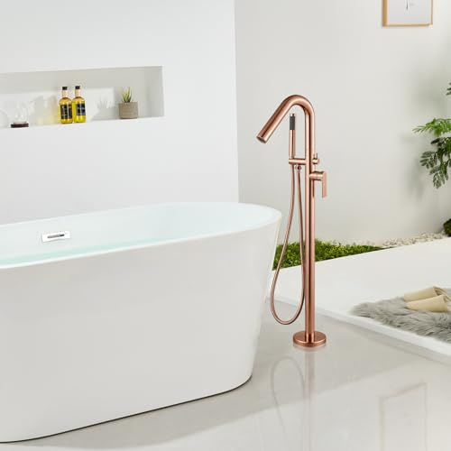 Bodenmontierte Badewannenarmatur Roségold 2 Wasserauslass Freistehende Badewanne Armatur Schwanenhals Wannenarmatur mit Brause