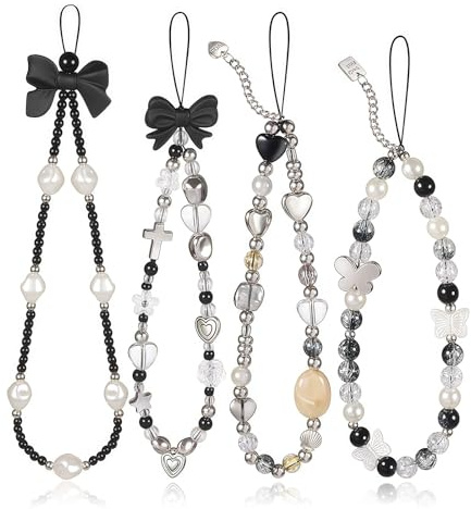 Ruispeed 4er Set Perlen-Handykette Corta con Lazo – Brazalete para móvil con Perlas y Lazo de Mariposa como Cinta para muñeca para Smartphone, cámara y Llaves