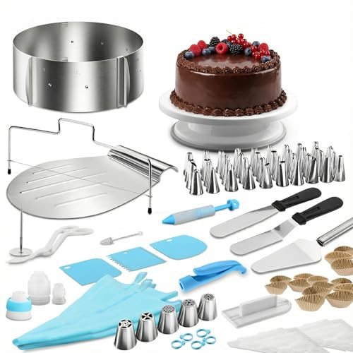 4smile Tortenschneider-Set, 144 Teile - Tortenschneider + Tortenring verstellbar hoch 8,5 cm +Tortenheber + Streichwerkzeug + Tortenplatte drehbar + XXL Torten-Deko Set