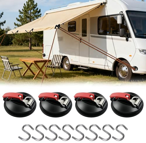 DXIA 4pcs Saugnapf Camping Set, Saugnapf Anker Mit Befestigung Haken Festbinden Extra Starke, Saugnapf Mit 8S-Haken, Für Camping, Wohnwagen, Vorzelte, Camping, Wohnmobil, Fliesen, Autos, Glas