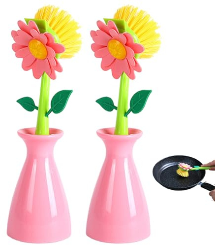 2-Pack Dish Brush with Holder, Flower Shaped Kitchen Sink Brush with Long Handle, Non-Scratch Pot Scrubber for Dishes & Pans, Decoraciones interiores