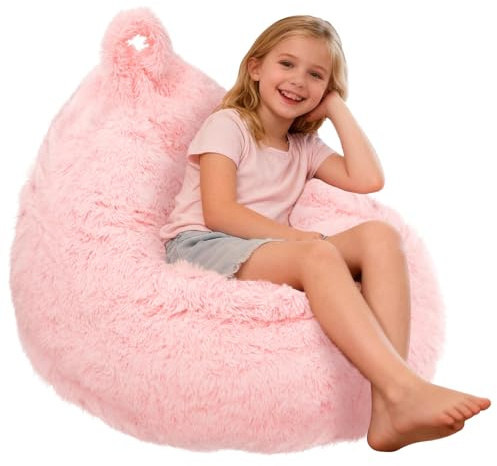 Fluffy Bean Bag Cover No Filler Kids Bean Bag Chair Stuffed Animal Storage | Soft Plush Big Beanbags Seat Replacement for Bedroom Living Room Plush Toy Storage Lounge Floor Cushion Adult Pink
