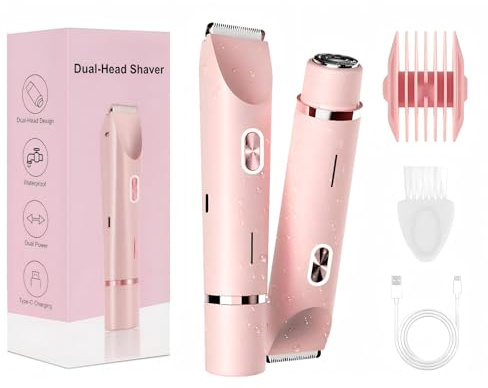Bikini Trimmer Women 2-in-1 Dual Head Shaver, Lady Shavers for Women Pubic Hair with Dual Floating Blades, USB-C Waterproof Intimate Hair Removal for Face Underarm Legs Body (Pink)