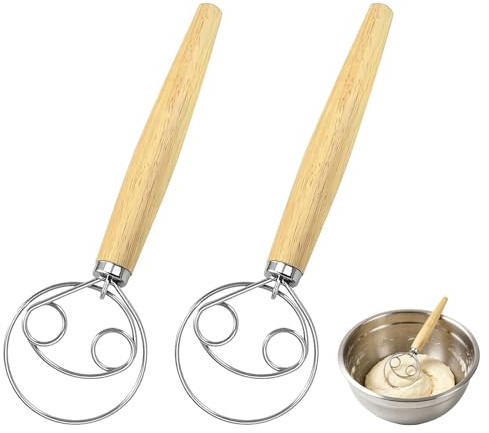 HECHKJ 2 Pièces Fouet Danois pour Pain 25 cm, Fouet Manuel pour Pâte Acier Inoxydable, Double Trou Batteur Manuel, Batteurs de Pâte à Danois avec Manche en Bois, pour Farine, Dorure Œufs, Vinaigrette