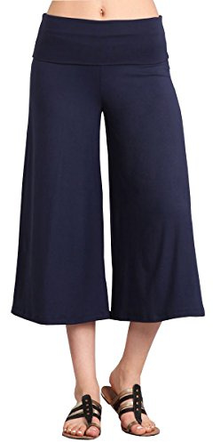 HEYHUN Dam enfärgade breda ben utsvängda capri boho Gaucho-byxor med spetsdetalj, Navy3, S