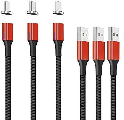 NetDot Gen10 USB-C Nylon-geflochtenes magnetisches Schnellladekabel mit seitlicher LED kompatibel mit Typ-C-Gerät (1m/3 Packung rot)