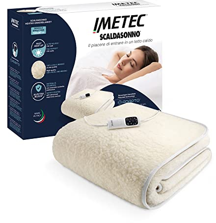 Imetec Scaldasonno Adapto singolo 150 x 80 cm, basso consumo, riscaldamento rapido, temperatura personalizzata, 100% lana e merino, made in italy, tessuto antiscivolo, comando con 6 temperature
