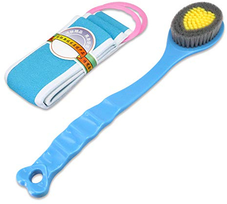 QiCheng&LYS Cepillo de Ducha de Mano, con Mango Largo Suave y Cómodo Para Masaje o Exfoliación de Piel Seca (Toalla Azul y barro)