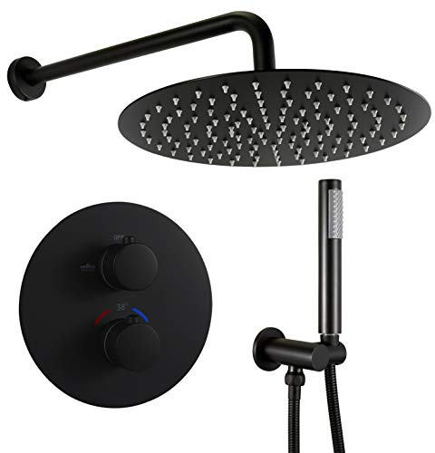 30cm Luxus Thermostatischer Duschsystem Regendusche, Messing Thermostat-Dusche mit Handschuhdusche und eingebauten Zwei-Wege-Duschmischer Mischer, Matt Schwarz