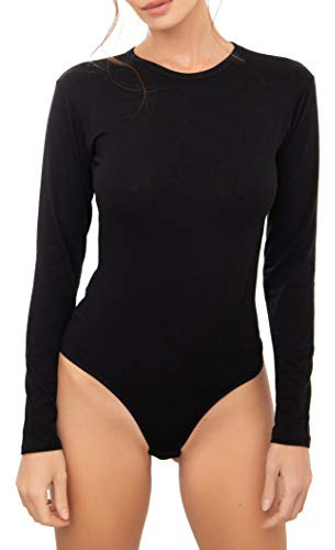 Avely Body basique à manches longues pour femme en coton avec col rond L Body pour femme L Jupsuit l Combinaison L Blouse, Noir , M
