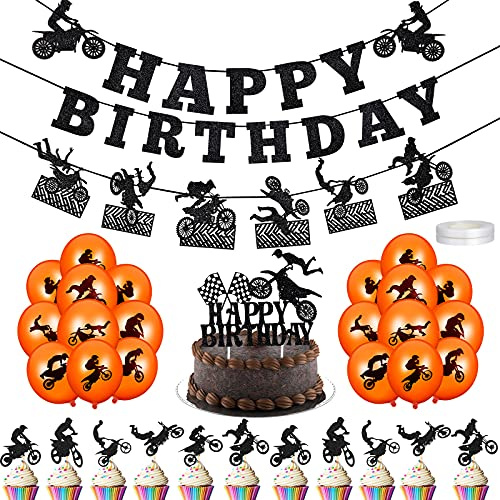 Chalyna 84 Pieces Motorcycle Birthday Party Decorations Dirt Bike Birthday Party Supplies, Include, Motorcycle Banner Cupcake Topper Latex Balloons for Motocross Sports Themed Decor