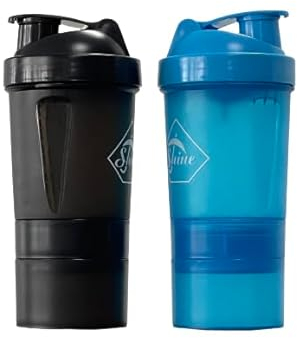 SHINE 2 PACK PROTEIN BOTTLE SHAKERS WITH TIGHT LIDS FOR SPORTS AND FITNESS with compartments (2 PACK, BLUE/BLACK)