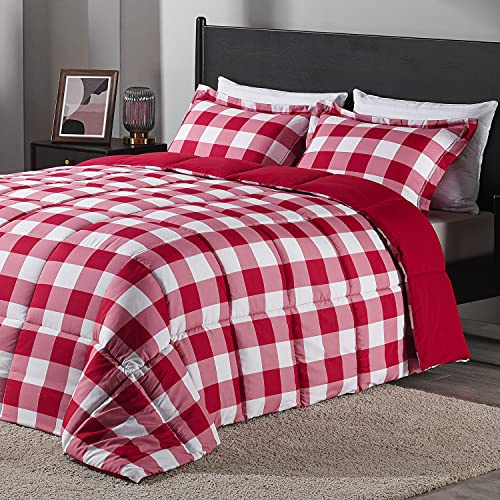 downluxe Lätt set med rutigt täcke (Queen size) med 2 örngott, 3-delat set, röd-/vitrutigt, dunalternativ, vändbart täcke