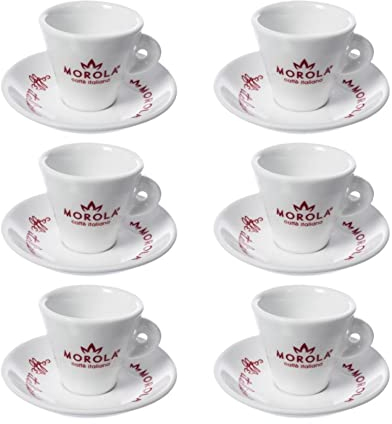 Morola Set Tazzine da Caffè Espresso in Ceramica con Piattino Sottotazza - 6 Tazzine 80ml bianche - Tazza Espresso