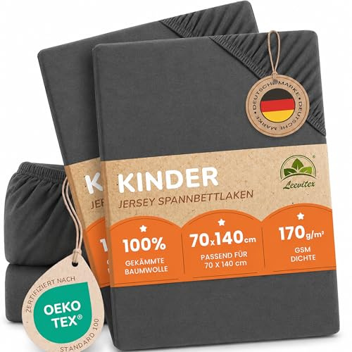 leevitex Premium Kinder Spannbettlaken, 70x140cm, Für Babybett & Kinderbett, 2er Set, 100% hochwertige Mako-Jersey-Baumwolle, Öko Tex Zertifiziert, Anthrazit/Grau