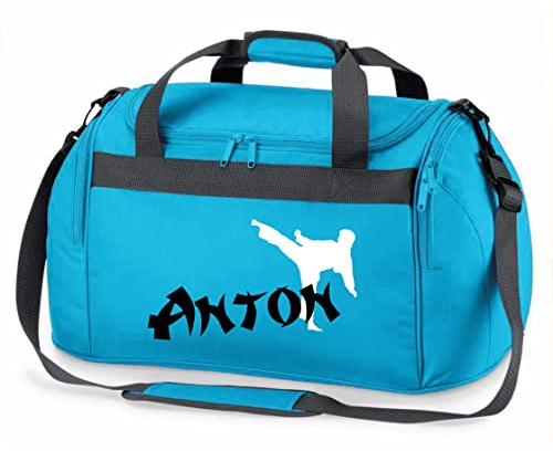 Sporttasche Karate mit Namen für Jungen | Personalisierte Kinder-Reisetasche Kampfsport Judo | Groß für Sport-Verein (türkis)