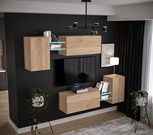 Furnitech Wohnwand Wohnzimmer | Wohnzimmer Möbel mit LED RGB - 16 Farben | Hängend Wohnwand Modern | Wohnzimmer Schrankwand mit Regale und TV Schrank (AN97-21S-M5 1C)