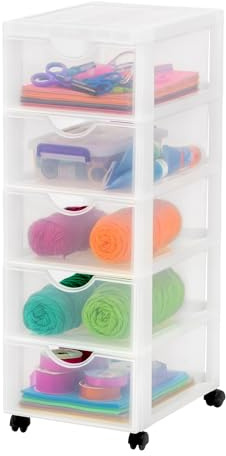 Iris Ohyama Kunststoff-Schubladenbox mit Rollen, 5 tiefen Schubladen, Mattweiß, Griffe zum Ziehen, Für Schlafzimmer, Schule & Büro, BPA-frei, Schubladenschrank, Rollcontainer, A4 Drawer, DDDC-005