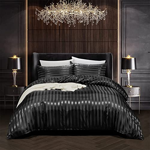 Tospass Sommer Satin Bettwäsche 135x200 cm Schwarz Deckenbezug Seide Glatt Luxus Glanzsatin Bettwäsche Set Einfarbig Glänzend Gestreift Bettbezug mit Reißverschluss 1 Kissenbezug 80x80cm