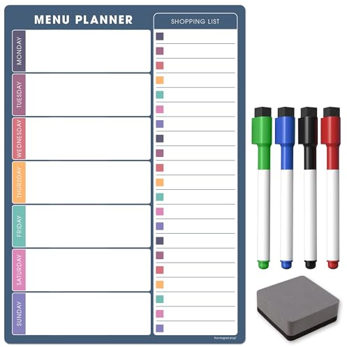 The Magnet Shop A4 Weekly Menu Planner - Dry Erase Meal Planner, Whiteboard and Shopping List for Your Home, Kitchen, Fridge and Family - with 4 Dry Wipe Pens and Eraser (Navy Blue, A3)
