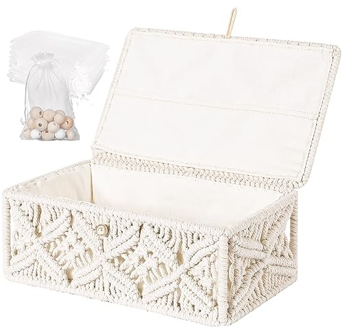 ANMINY Makramee-Aufbewahrungskorb mit Deckel und 25 Organza-Geschenktüten, Bohemian-Schmuckschatulle, handgefertigt, gewebt, natürliches Baumwollseil, Deckel, dekorativer Schreibtisch-Organizer,