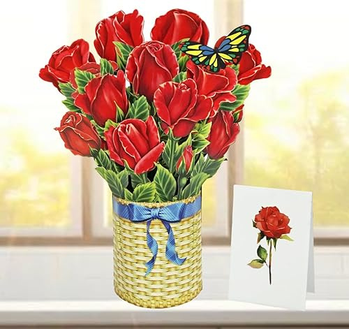 CUTPOPUP Roter Rosenstrauß - Geburtstagskarte Frau, Muttertagskarte Pop-Up, 26x30cm Blumen 3D geburtstagskarten für Ehefrau, Tochter, Ihr, Mutter (Red Rose Bouquet) US8-67DE