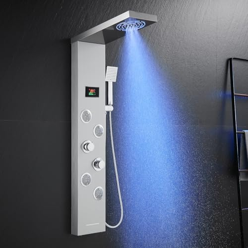 ROVOGO Duschpaneel mit Armatur Edelstahl 304, Duschpaneele ohne Batterie mit Temperaturanzeige und LED Licht, 5 Duschmodi - Nebel, Regen, Massagedusche, Wanneneinlauf, Handbrause, Duschsäule Gebürstet
