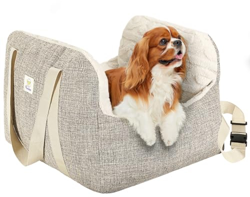 Pawaboo Hunde Autositz für kleine Hunde, Klein Hundesitz mit Fest Schnalle und Sicherheitsgurt, Verdicktes Hundebett Autositz Haustier Reiseträger Bett Welpensitz für Auto, bis zu 25lbs, Braun+Beige