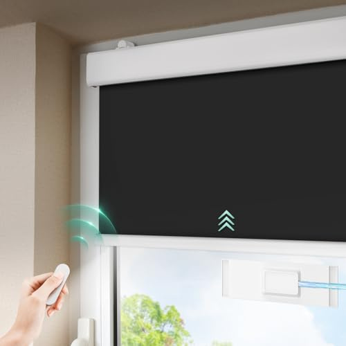 DENFOON Solar Elektrische Rollos Innen,Thermorollo Klemmfix ohne Bohren & mit Bohren,Verdunklungsrollo mit Fernbedienung Wiederaufladbar Akku Rohrmotor Rollo für Fenster Schwarz,60x170cm(B x L)