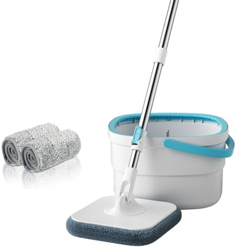 AHDFY Balai Plat en Microfibre,vadrouille Plate avec essorage intégré,Rotatif à 360° Balai à Franges avec Seau,vadrouille avec 2 tampons réutilisables,pour Nettoyage Sols