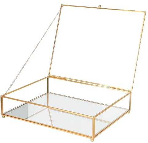 REDHUGO Large Glass Boxes for Display Handmade, Mirrored Bottom, Glass Jewelry Trinket Box with Lid, for Book, Photo, Keepsake Organizer, Display Case for Vanity Decor Home Dresser, Gold