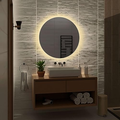 Alasta Bali Runder Spiegel 80x80 cm WarmWeiß Badezimmer Spiegel Badspiegel Wandspiegel Badezimmerspiegel mit Beleuchtung