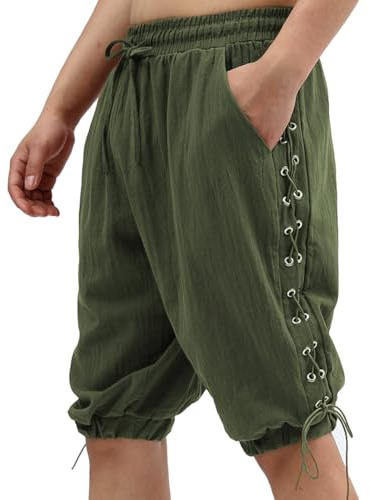 SYQBR Men's Medieval Pirate Cotton and Linen Shorts, Breathable Fabric, Retro Design, for Theme Party, Costume Play(Army-Green-XXXL)