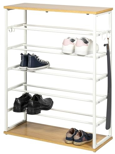 eluno Schuhregal für max. 18 Paar Schuhe, 2 Holzablagen, 4 Haken (weiß)