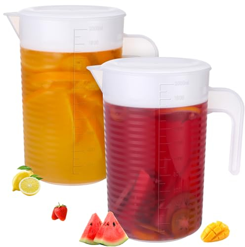 2 Pack Juice Jug with Lid, 2L Water Jug iced Tea Pitcher Beverage Juice Container Fridge Jugs for Milk Juice Iced Tea Lemonade Fridge Drink Container (White Lid)