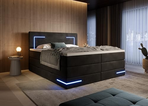 wonello Detroit Boxspringbett 180x200 mit Bettkasten und LED-Beleuchtung - gemütliches Bett mit LED - Stauraumbett 180 x 200 cm mit Matratze und Topper - Samt-Stoff schwarz - H3/H4