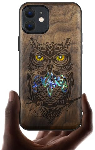 Carveit Étui Magnétique pour iPhone 12 Coque Protection Case [Bois et Incrustation de Coquille] Etui Compatible Magsafe avec Apple 12 Cover (Noyer-Un Hibou sur Une Branche)