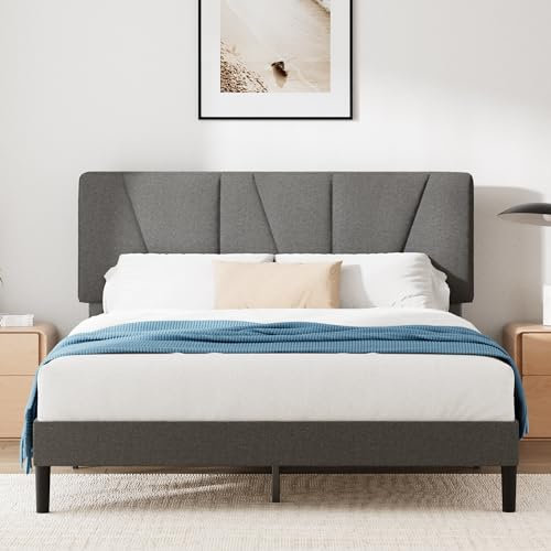 ZINUS Maya Double Bed Frame – Bed 135 x 190 cm – 30cm Height – Upholstered platform bed frame with Headboard – Wooden slat support – Dark grey