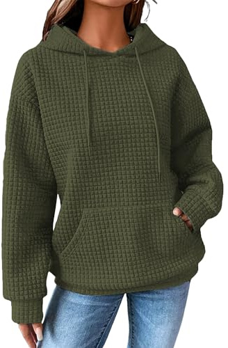 Zeagoo Hoodie Damen Langarm Kapuzenpullover Winter Warme Hoodie Casual Rundhals Pullover Waffel Sweatshirt mit Tasche Armeegrün M