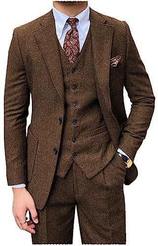 Tiavllya Herren Tweed Anzug 3-teilige Vintage Herringbone Wolle Regular Fit Formelle Smokings Hochzeit Anzüge für Herren （4XL, Braun）