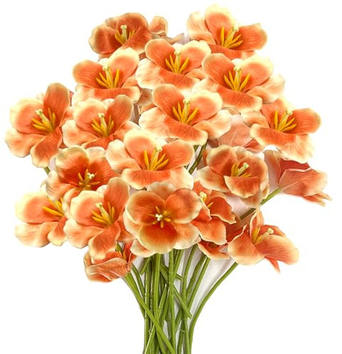 SNAIL GARDEN 20PCS Blooming Artificial Tulips Flowers Realistic,Silk Realistic Open Tulips,Fake Flower Bouque for Home Garden Wedding Party Decoration and DIY（Yellow-Orange Colour）