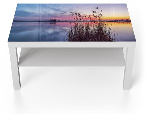 DEQORI Glastisch | weiß groß 90x50 cm | Motiv Abendstille am See | ausgefallener Beistelltisch aus Glas | Hochglanz Couchtisch fürs Wohnzimmer | moderner Couch Tisch mit Design