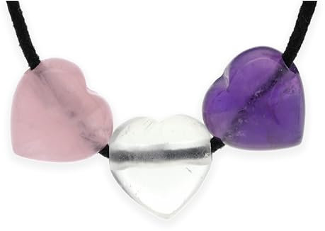 Lebensquelle Plus | 3 Herzanhänger aus Edelstein | Bergkristall Amethyst Rosenquarz - Goldenes Dreieck | Inkl. 3 Baumwollbändern | Freundschafts- oder Geschwisterkette