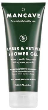 ManCave Amber Vetiver - Gel doccia da uomo, ingredienti naturali, vegano, rispettoso dell'ambiente e senza esperimenti sugli animali, gel doccia tonificante per uomini con ricca ambra, cipresso fresco