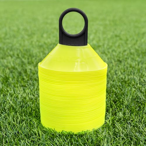 FORZA Mini träningsmarkörer | hållbara mini rymdkoner med flera ändamål idealiska för alla sporter – paket med 50 eller 1 000 [Inkluderar bärstativ] (paket med 50, gul)