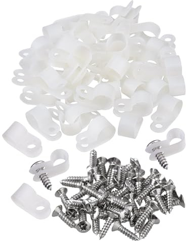 ALI2 100 Stück Kabelschelle aus Nylon Typ R,Weiß 3/8 Zoll Kabelklemmen,kabelhalter schraubbar,Kabelführung,kabelschellen zum schrauben,kabel clips mit 100 Schrauben (Weiß, 3/8 Zoll)