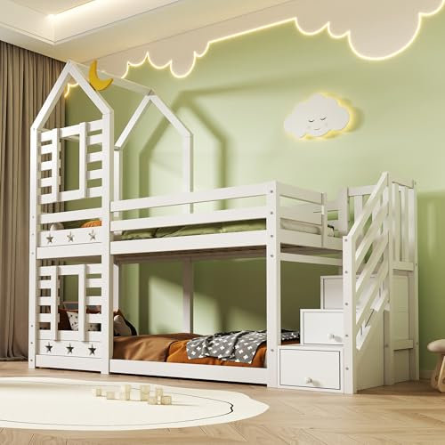 VSOGA Kinderbett Baumhaus 90×200 cm mit Schubladen & Rausfallschutz, Hochbett mit 2 Lattenrosten, Weiß