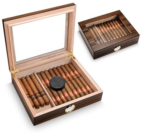 CLZOONG Cigar Humidor Spanish Cedar,Elegant Cigars Humidor Case with Humidifier and Hygrometer, Desk Humidor with Tempered Glass Top, holds 20-30 Cigars(S)